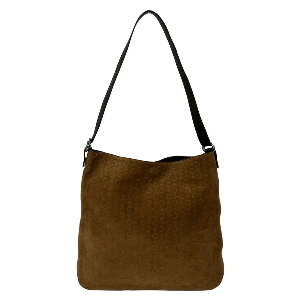 Celine C Macadam Shoulder Bag Brown Dark Brown Suede Leather